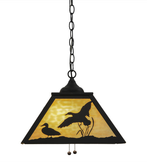 Meyda Lighting Ducks in Flight 22" 2-Light Textured Black Pendant Light With Beige Art Shade Glass