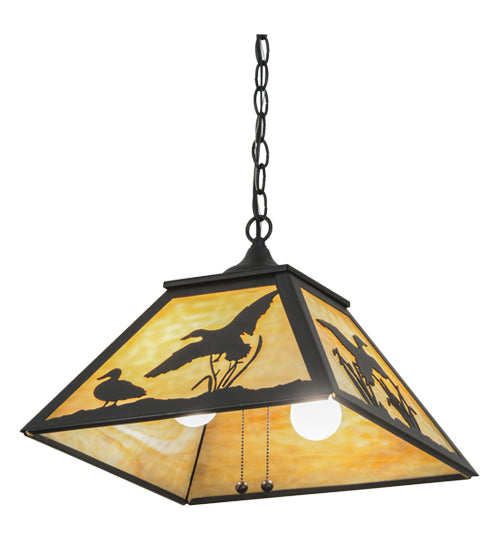Meyda Lighting Ducks in Flight 22" 2-Light Textured Black Pendant Light With Beige Art Shade Glass