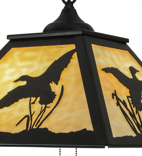Meyda Lighting Ducks in Flight 22" 2-Light Textured Black Pendant Light With Beige Art Shade Glass