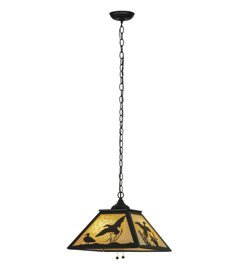 Meyda Lighting Ducks in Flight 22" 2-Light Textured Black Pendant Light With Beige Art Shade Glass