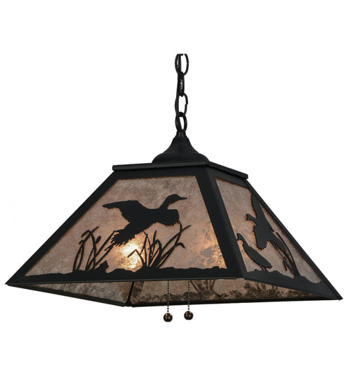 Meyda Lighting Ducks in Flight 22" 2-Light Textured Black Pendant Light With Silver Mica Shade Glass