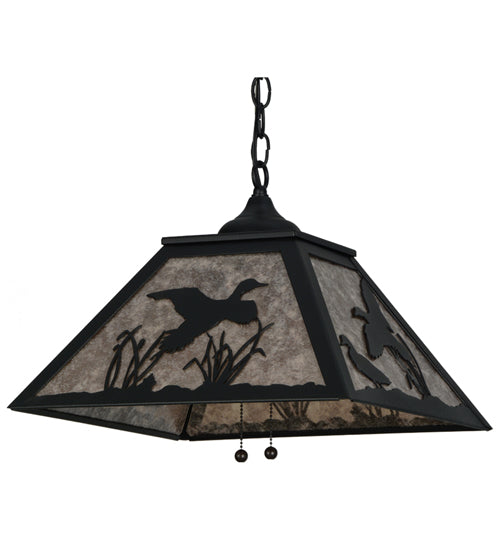 Meyda Lighting Ducks in Flight 22" 2-Light Textured Black Pendant Light With Silver Mica Shade Glass