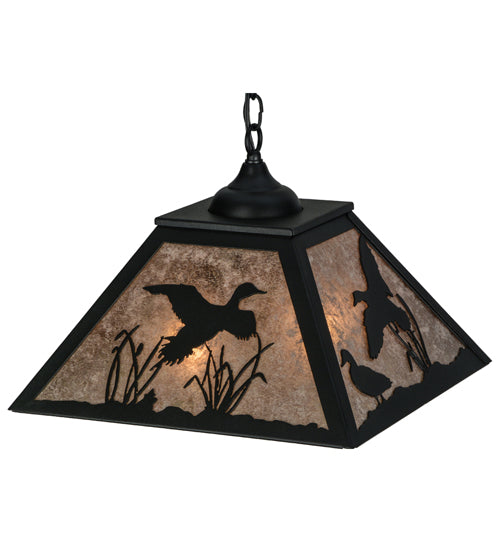 Meyda Lighting Ducks in Flight 22" 2-Light Textured Black Pendant Light With Silver Mica Shade Glass