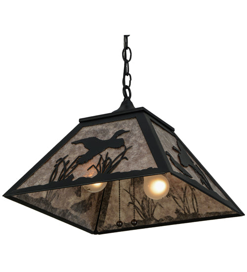 Meyda Lighting Ducks in Flight 22" 2-Light Textured Black Pendant Light With Silver Mica Shade Glass