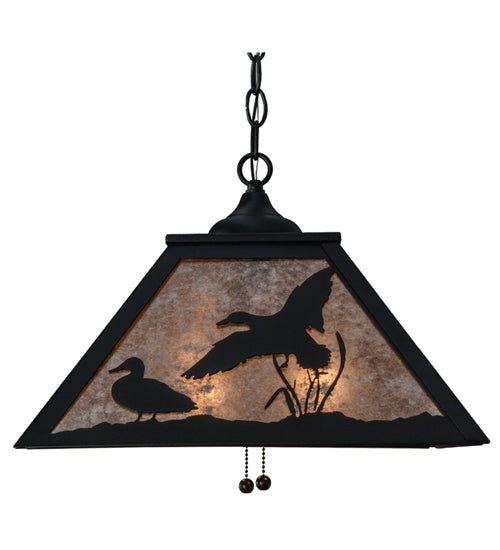 Meyda Lighting Ducks in Flight 22" 2-Light Textured Black Pendant Light With Silver Mica Shade Glass