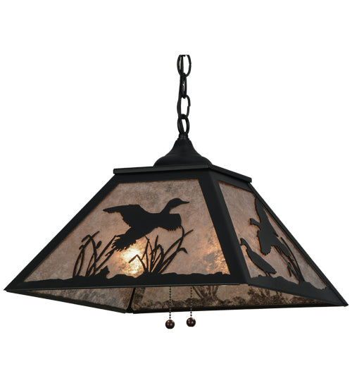 Meyda Lighting Ducks in Flight 22" 2-Light Textured Black Pendant Light With Silver Mica Shade Glass