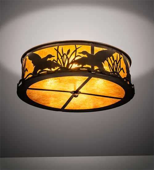 Meyda Lighting Ducks in Flight 22" 4-Light Antique Copper Flush Mount Light With Amber Mica Shade Glass