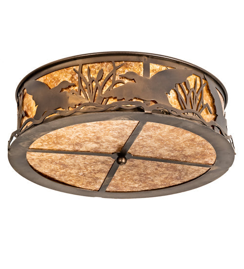 Meyda Lighting Ducks in Flight 22" 4-Light Antique Copper Flush Mount Light With Amber Mica Shade Glass