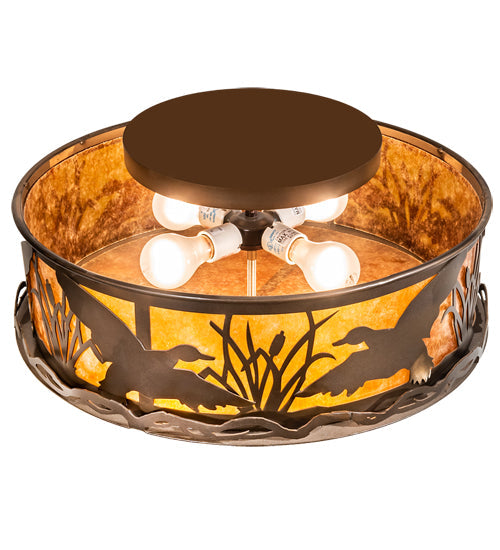 Meyda Lighting Ducks in Flight 22" 4-Light Antique Copper Flush Mount Light With Amber Mica Shade Glass