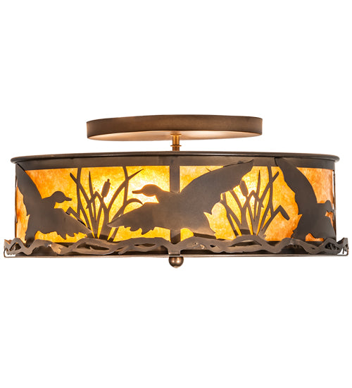 Meyda Lighting Ducks in Flight 22" 4-Light Antique Copper Flush Mount Light With Amber Mica Shade Glass