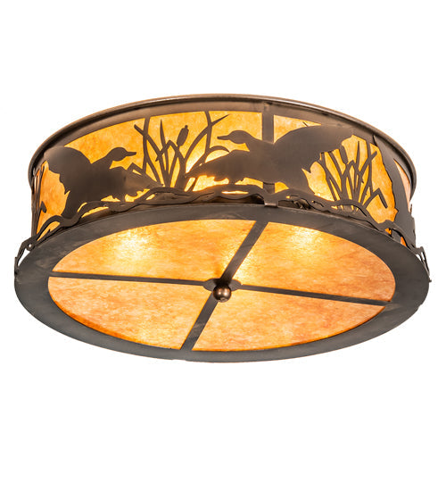 Meyda Lighting Ducks in Flight 22" 4-Light Antique Copper Flush Mount Light With Amber Mica Shade Glass