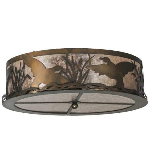 Meyda Lighting Ducks in Flight 22" 4-Light Antique Copper Flush Mount Light With Silver Mica Shade Glass