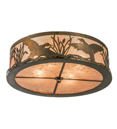 Meyda Lighting Ducks in Flight 22" 4-Light Antique Copper Flush Mount Light With Silver Mica Shade Glass