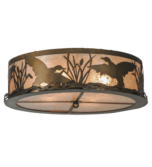 Meyda Lighting Ducks in Flight 22" 4-Light Antique Copper Flush Mount Light With Silver Mica Shade Glass