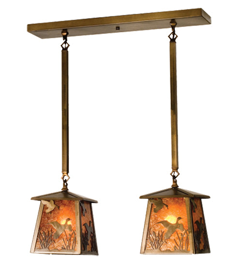 Meyda Lighting Ducks in Flight 24" 2-Light Antique Copper Island Pendant Light With Amber Mica Shade Glass