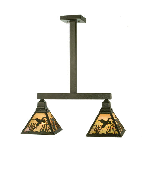 Meyda Lighting Ducks in Flight 24" 2-Light Tarnished Copper Island Pendant Light With Beige Shade Glass