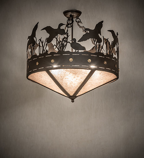 Meyda Lighting Ducks in Flight 24" 3-Light Oil Rubbed Bronze Semi-flush Mount Light With Silver Mica Shade Glass