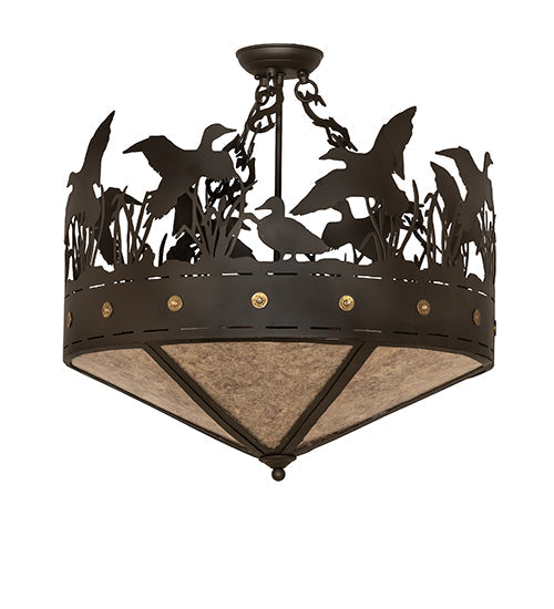 Meyda Lighting Ducks in Flight 24" 3-Light Oil Rubbed Bronze Semi-flush Mount Light With Silver Mica Shade Glass