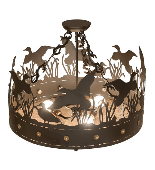 Meyda Lighting Ducks in Flight 24" 3-Light Oil Rubbed Bronze Semi-flush Mount Light With Silver Mica Shade Glass