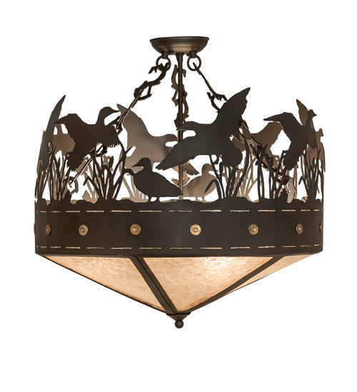 Meyda Lighting Ducks in Flight 24" 3-Light Oil Rubbed Bronze Semi-flush Mount Light With Silver Mica Shade Glass
