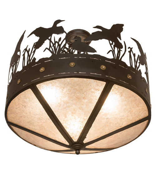 Meyda Lighting Ducks in Flight 24" 3-Light Oil Rubbed Bronze Semi-flush Mount Light With Silver Mica Shade Glass