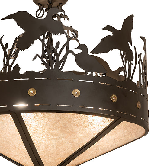 Meyda Lighting Ducks in Flight 24" 3-Light Oil Rubbed Bronze Semi-flush Mount Light With Silver Mica Shade Glass