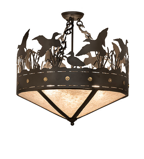 Meyda Lighting Ducks in Flight 24" 3-Light Oil Rubbed Bronze Semi-flush Mount Light With Silver Mica Shade Glass