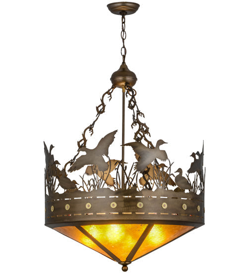 Meyda Lighting Ducks in Flight 24" 4-Light Antique Copper Inverted Pendant Light With Amber Mica Shade Glass