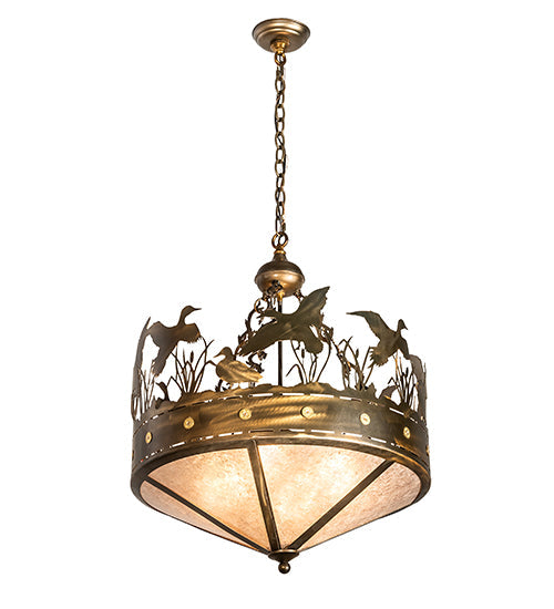 Meyda Lighting Ducks in Flight 24" 4-Light Antique Copper Inverted Pendant Light With Silver Mica Shade Glass