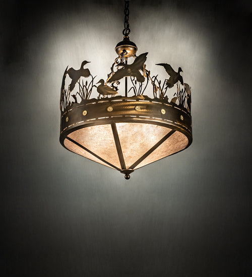 Meyda Lighting Ducks in Flight 24" 4-Light Antique Copper Inverted Pendant Light With Silver Mica Shade Glass