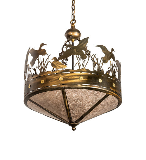 Meyda Lighting Ducks in Flight 24" 4-Light Antique Copper Inverted Pendant Light With Silver Mica Shade Glass