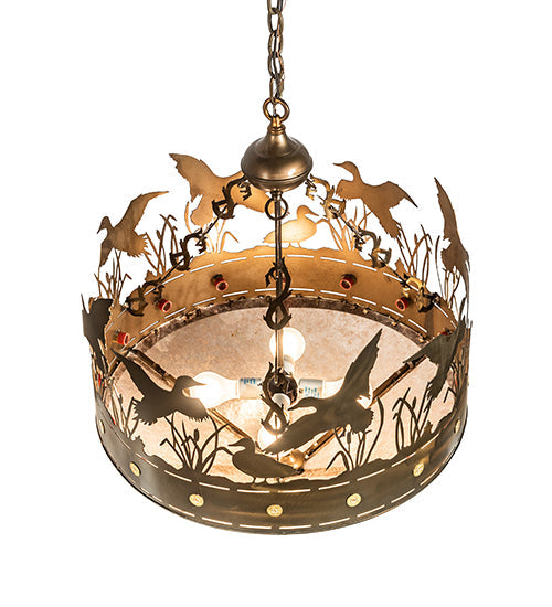 Meyda Lighting Ducks in Flight 24" 4-Light Antique Copper Inverted Pendant Light With Silver Mica Shade Glass