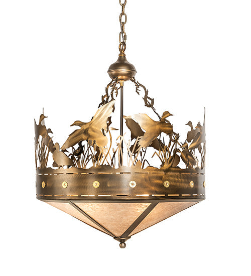 Meyda Lighting Ducks in Flight 24" 4-Light Antique Copper Inverted Pendant Light With Silver Mica Shade Glass