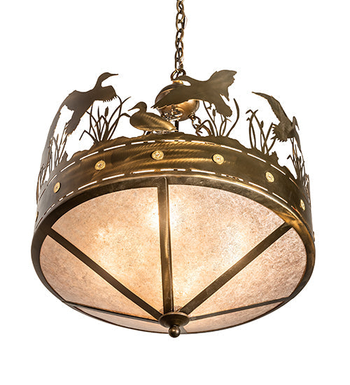 Meyda Lighting Ducks in Flight 24" 4-Light Antique Copper Inverted Pendant Light With Silver Mica Shade Glass