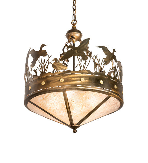 Meyda Lighting Ducks in Flight 24" 4-Light Antique Copper Inverted Pendant Light With Silver Mica Shade Glass
