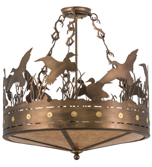 Meyda Lighting Ducks in Flight 24" 4-Light Antique Copper Semi-flush Mount Ceiling Light With Amber Mica Shade Glass