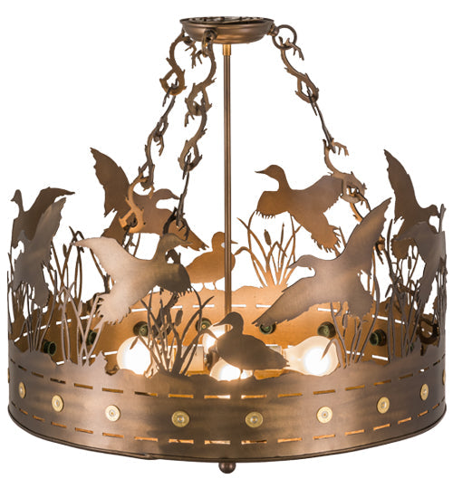 Meyda Lighting Ducks in Flight 24" 4-Light Antique Copper Semi-flush Mount Ceiling Light With Amber Mica Shade Glass