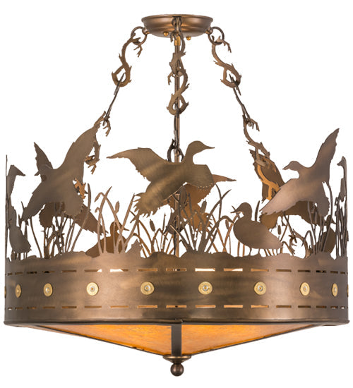 Meyda Lighting Ducks in Flight 24" 4-Light Antique Copper Semi-flush Mount Ceiling Light With Amber Mica Shade Glass