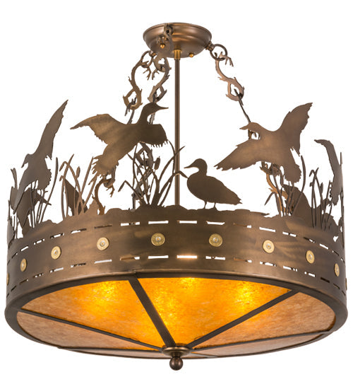 Meyda Lighting Ducks in Flight 24" 4-Light Antique Copper Semi-flush Mount Ceiling Light With Amber Mica Shade Glass
