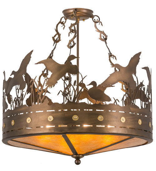 Meyda Lighting Ducks in Flight 24" 4-Light Antique Copper Semi-flush Mount Ceiling Light With Amber Mica Shade Glass