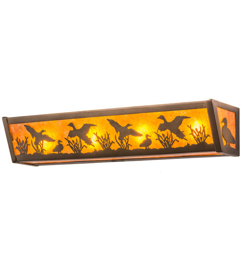 Meyda Lighting Ducks in Flight 24" 4-Light Antique Copper Vanity Light With Amber Mica Shade Glass