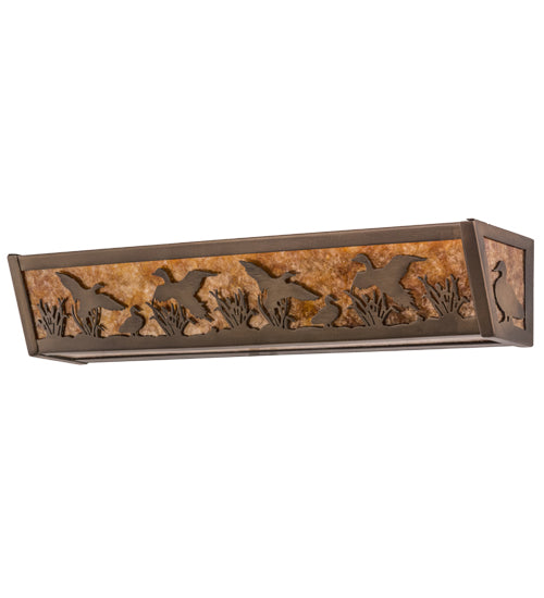 Meyda Lighting Ducks in Flight 24" 4-Light Antique Copper Vanity Light With Amber Mica Shade Glass