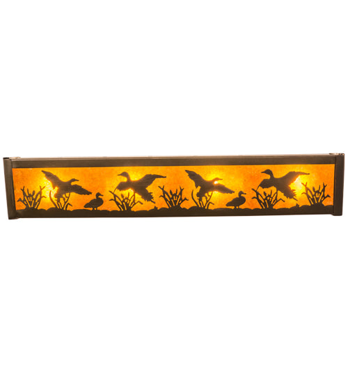 Meyda Lighting Ducks in Flight 24" 4-Light Antique Copper Vanity Light With Amber Mica Shade Glass