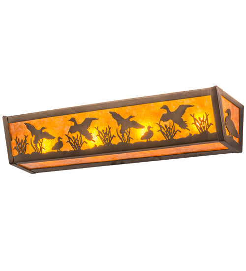 Meyda Lighting Ducks in Flight 24" 4-Light Antique Copper Vanity Light With Amber Mica Shade Glass