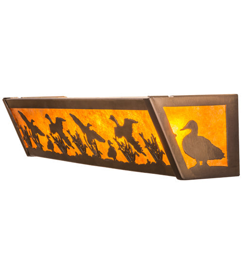 Meyda Lighting Ducks in Flight 24" 4-Light Antique Copper Vanity Light With Amber Mica Shade Glass