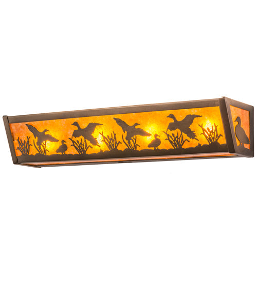 Meyda Lighting Ducks in Flight 24" 4-Light Antique Copper Vanity Light With Amber Mica Shade Glass