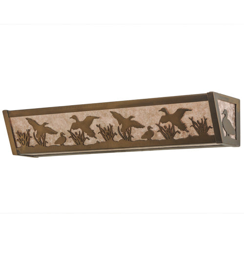 Meyda Lighting Ducks in Flight 24" 4-Light Antique Copper Vanity Light With Silver Mica Shade Glass