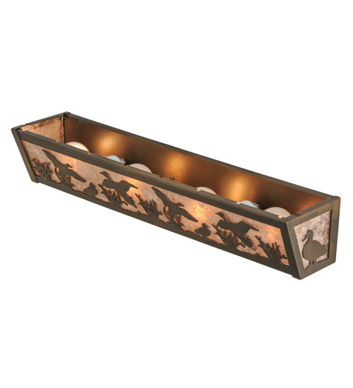 Meyda Lighting Ducks in Flight 24" 4-Light Antique Copper Vanity Light With Silver Mica Shade Glass