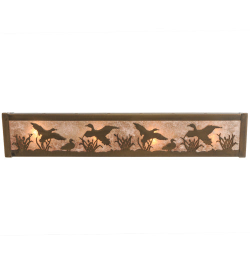 Meyda Lighting Ducks in Flight 24" 4-Light Antique Copper Vanity Light With Silver Mica Shade Glass