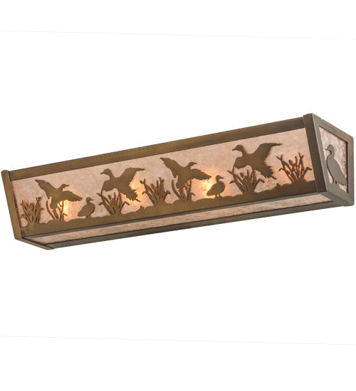 Meyda Lighting Ducks in Flight 24" 4-Light Antique Copper Vanity Light With Silver Mica Shade Glass